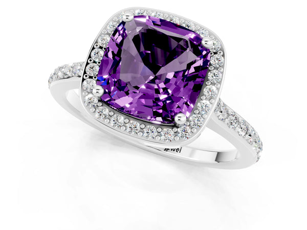 Platinum Cushion Cut Halo Round Diamond Pavé Band with Four-Prong Setting