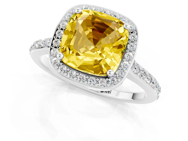 Platinum Cushion Cut Yellow Sapphire Halo Engagement Ring with Round Pavé Shoulders and Prong Setting