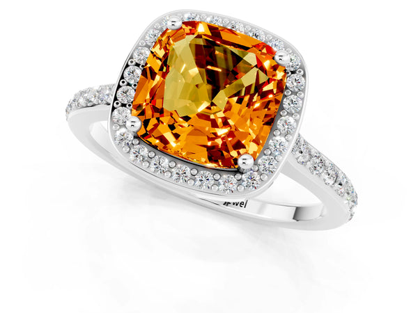 White gold Cushion Cut Citrine Halo Engagement Ring with Round Pavé Shoulders and Prong Setting