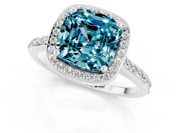 Silver Cushion Cut Halo Round Diamond Pavé Band with Four-Prong Setting