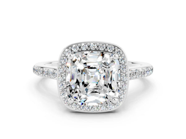 Silver Cushion Cut Moissanite Halo Engagement Ring with Round Pavé Shoulders and Prong Setting