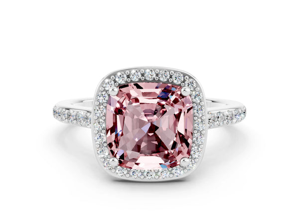 Platinum Cushion Cut Halo Round Diamond Pavé Band with Four-Prong Setting