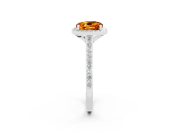 White gold Cushion Cut Citrine Halo Engagement Ring with Round Pavé Shoulders and Prong Setting