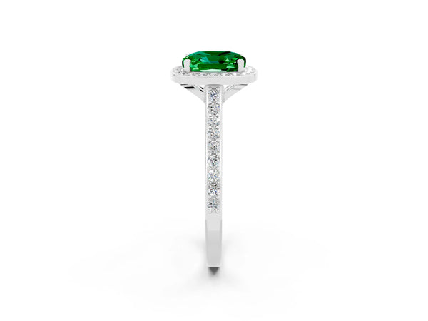 White gold Cushion Cut Emerald Halo Engagement Ring with Round Pavé Shoulders and Prong Setting