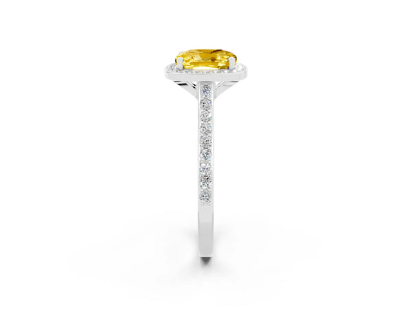 White gold Cushion Cut Yellow Sapphire Halo Engagement Ring with Round Pavé Shoulders and Prong Setting