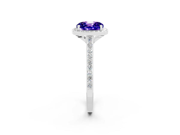 Silver Cushion Cut Tanzanite Halo Engagement Ring with Round Pavé Shoulders and Prong Setting