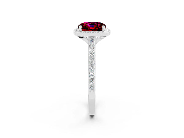 Silver Cushion Cut Garnet Halo Engagement Ring with Round Pavé Shoulders and Prong Setting
