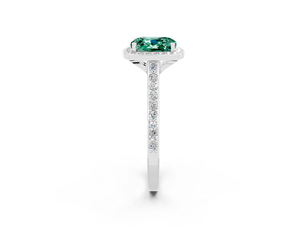 White gold Cushion Cut Green Sapphire Halo Engagement Ring with Round Pavé Shoulders and Prong Setting
