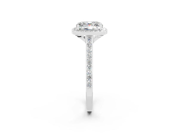 Silver Cushion Cut Moissanite Halo Engagement Ring with Round Pavé Shoulders and Prong Setting