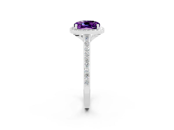 Platinum Cushion Cut Halo Round Diamond Pavé Band with Four-Prong Setting