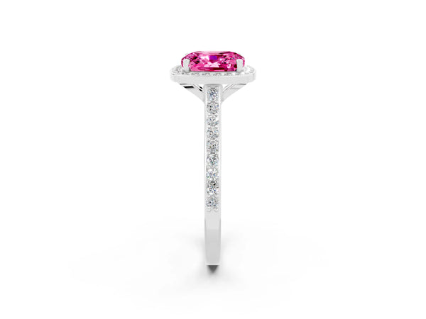 Platinum Cushion Cut Halo Round Diamond Pavé Band with Four-Prong Setting
