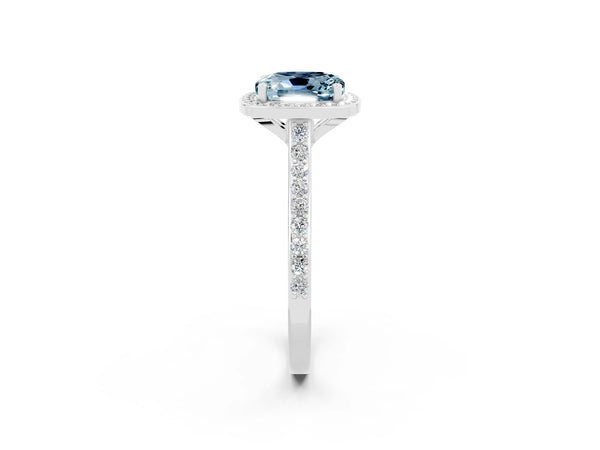 White gold Cushion Cut Aquamarine Halo Engagement Ring with Round Pavé Shoulders and Prong Setting
