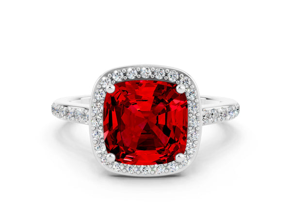 White gold Cushion Cut Halo Round Diamond Pavé Band with Four-Prong Setting
