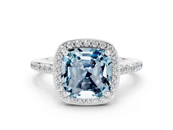 White gold Cushion Cut Aquamarine Halo Engagement Ring with Round Pavé Shoulders and Prong Setting