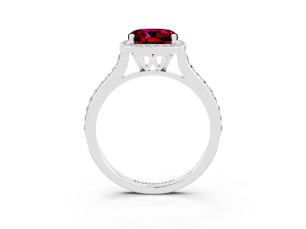 Platinum Cushion Cut Garnet Halo Engagement Ring with Round Pavé Shoulders and Prong Setting