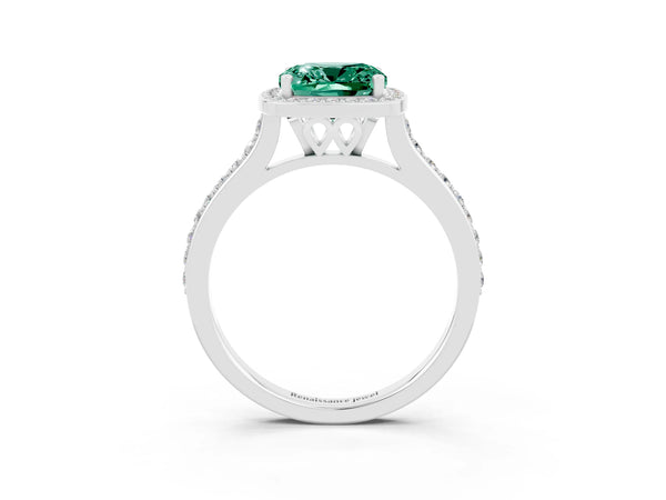 Platinum Cushion Cut Green Sapphire Halo Engagement Ring with Round Pavé Shoulders and Prong Setting