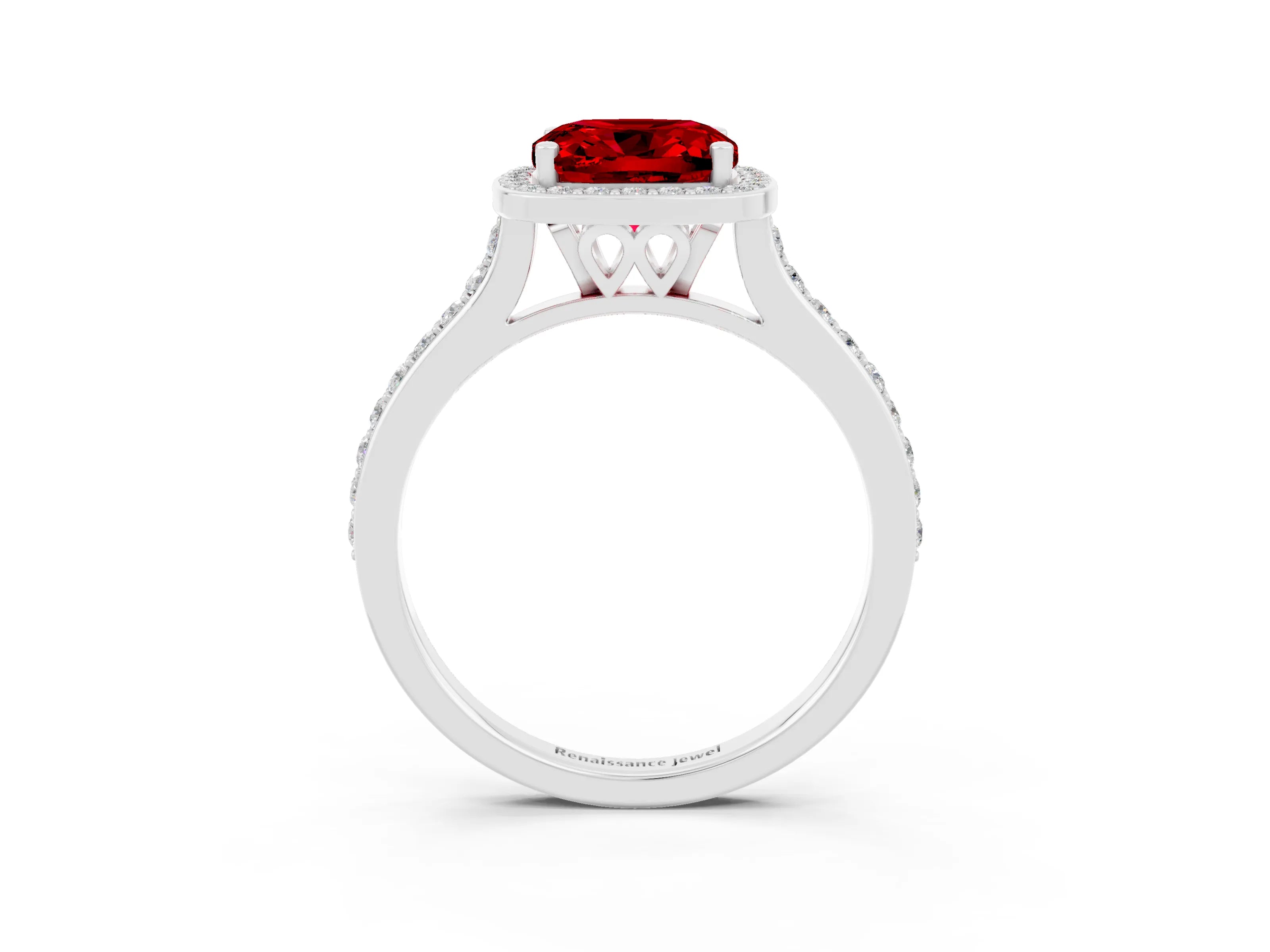 White gold Cushion Cut Halo Round Diamond Pavé Band with Four-Prong Setting_3