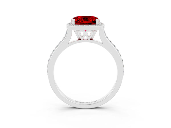 Platinum Cushion Cut Halo Round Diamond Pavé Band with Four-Prong Setting