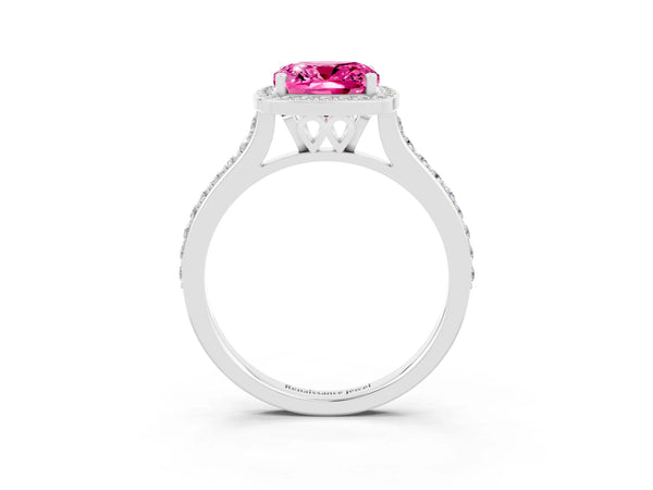 Platinum Cushion Cut Halo Round Diamond Pavé Band with Four-Prong Setting