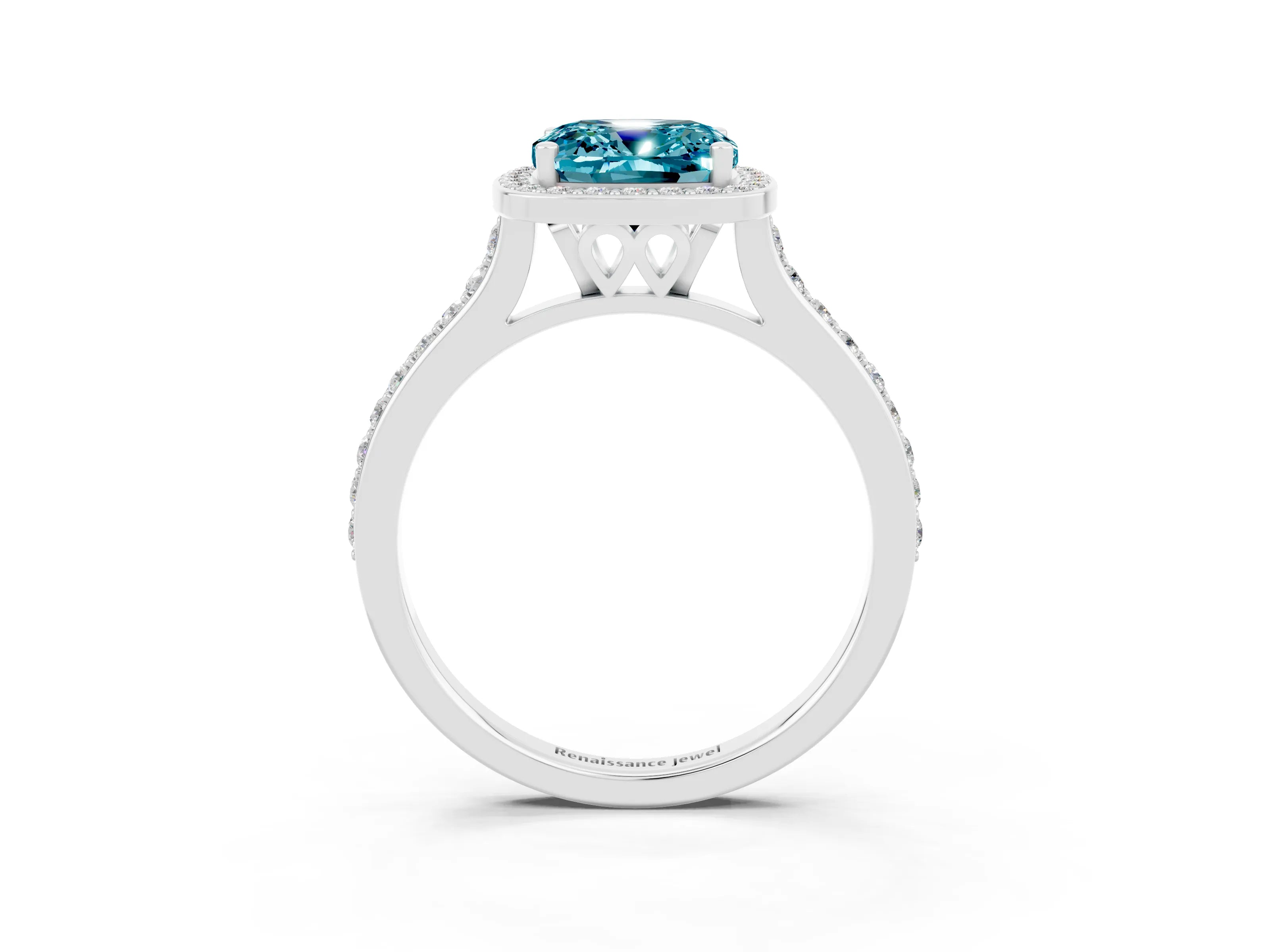 White gold Cushion Cut Halo Round Diamond Pavé Band with Four-Prong Setting_3