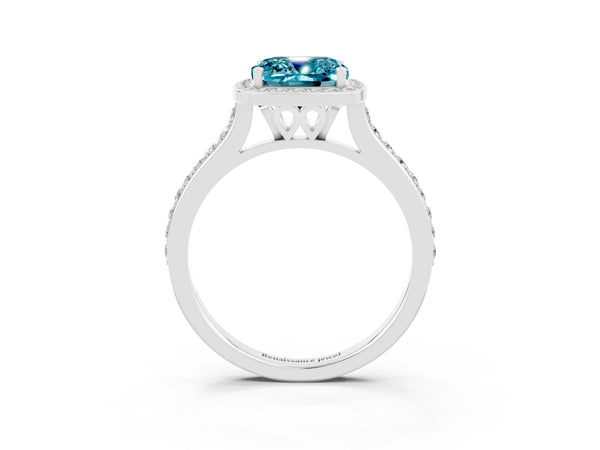 Platinum Cushion Cut Halo Round Diamond Pavé Band with Four-Prong Setting