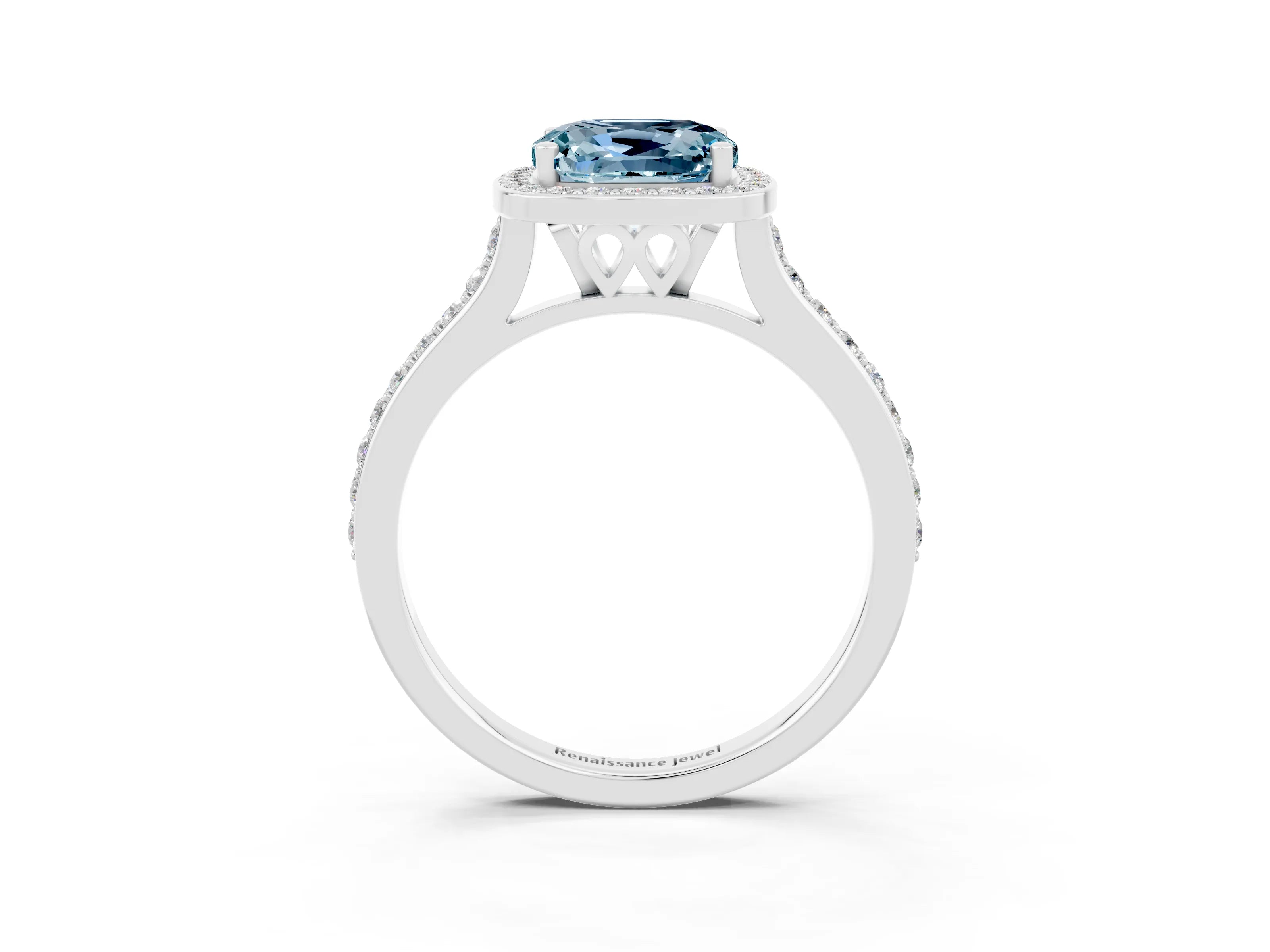 White gold Cushion Cut Halo Round Diamond Pavé Band with Four-Prong Setting_3
