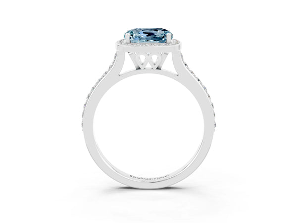White gold Cushion Cut Aquamarine Halo Engagement Ring with Round Pavé Shoulders and Prong Setting