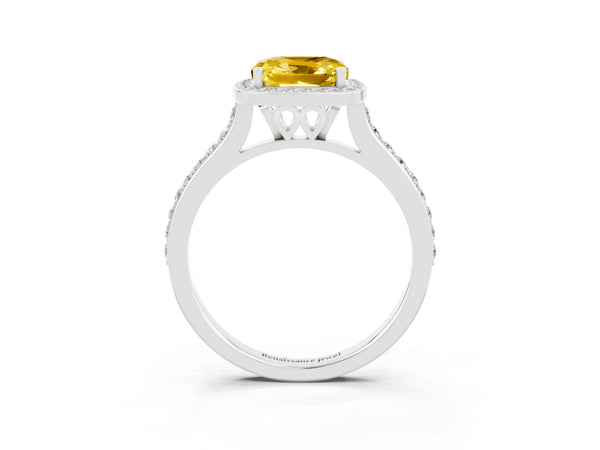 White gold Cushion Cut Yellow Sapphire Halo Engagement Ring with Round Pavé Shoulders and Prong Setting