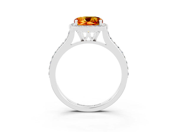 White gold Cushion Cut Citrine Halo Engagement Ring with Round Pavé Shoulders and Prong Setting