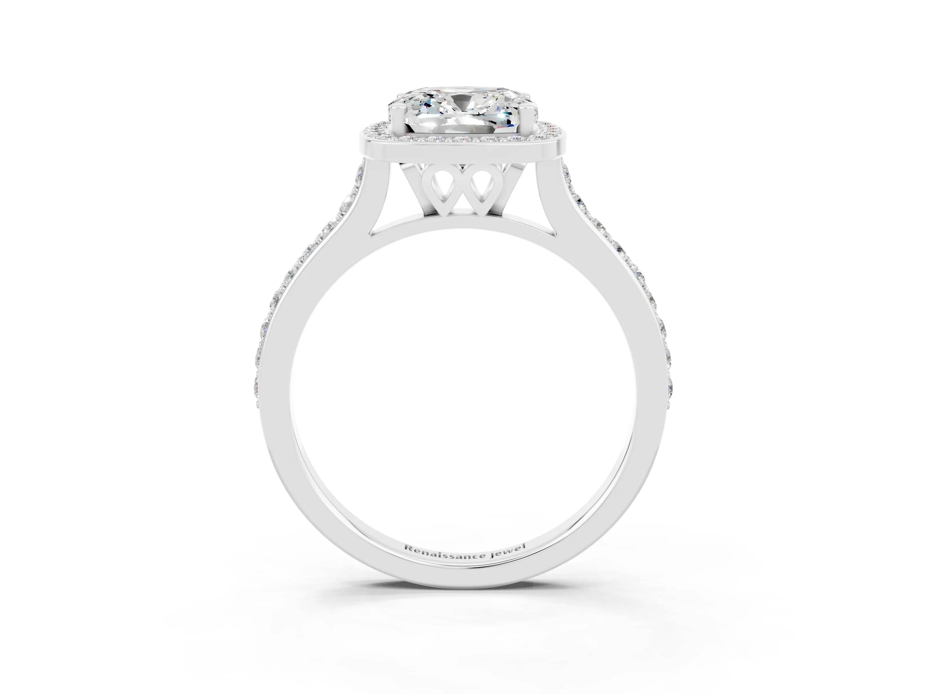 White gold Cushion Cut Halo Round Diamond Pavé Band with Four-Prong Setting_3
