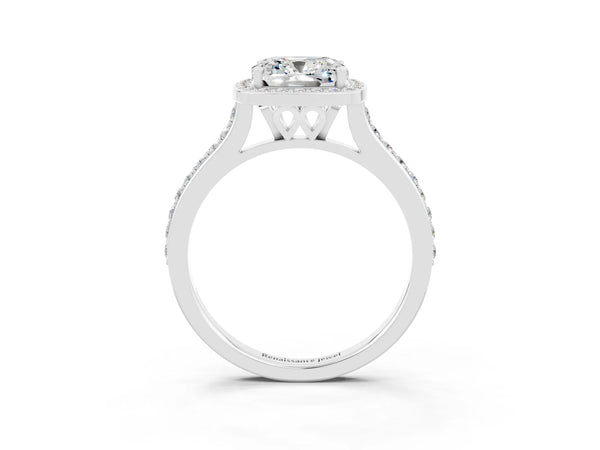White gold Cushion Cut Moissanite Halo Engagement Ring with Round Pavé Shoulders and Prong Setting