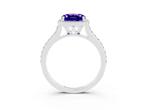 Silver Cushion Cut Tanzanite Halo Engagement Ring with Round Pavé Shoulders and Prong Setting
