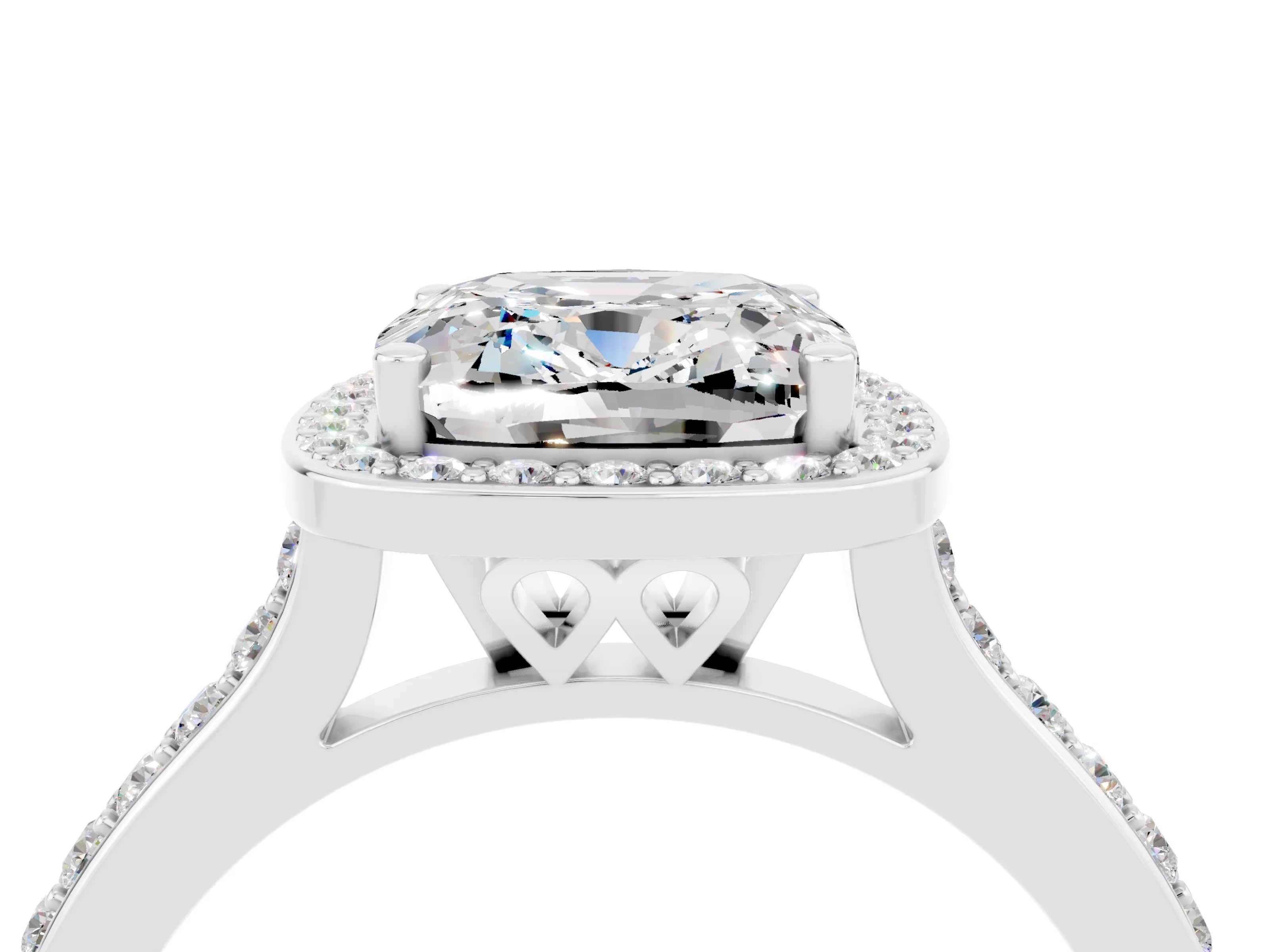 White gold Cushion Cut Halo Round Diamond Pavé Band with Four-Prong Setting_4