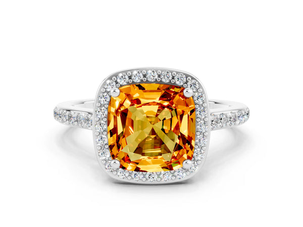 White gold Cushion Cut Citrine Halo Engagement Ring with Round Pavé Shoulders and Prong Setting