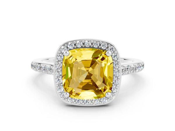 Silver Cushion Cut Yellow Sapphire Halo Engagement Ring with Round Pavé Shoulders and Prong Setting