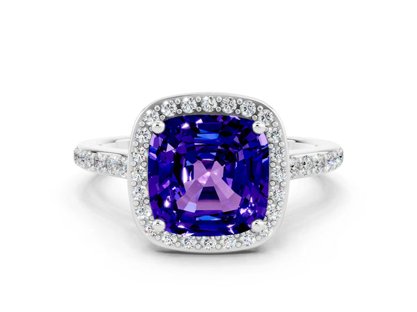 White gold Cushion Cut Tanzanite Halo Engagement Ring with Round Pavé Shoulders and Prong Setting