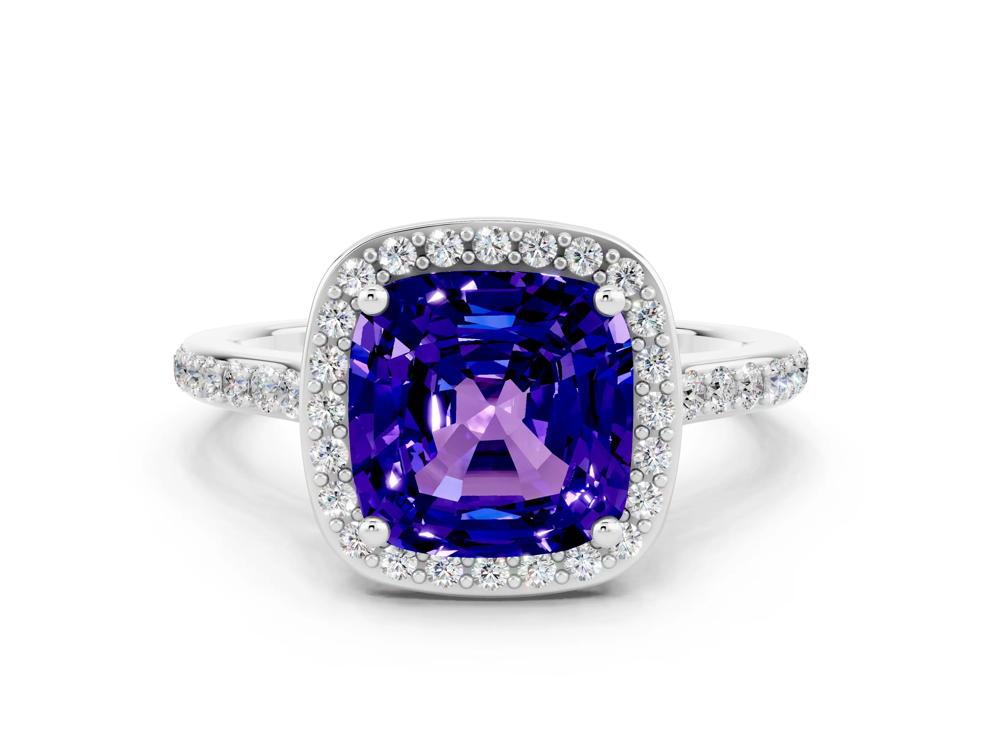 White gold Cushion Cut Halo Round Diamond Pavé Band with Four-Prong Setting