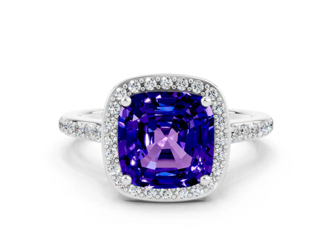White gold Cushion Cut Halo Round Diamond Pavé Band with Four-Prong Setting
