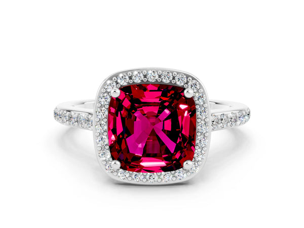 Platinum Cushion Cut Garnet Halo Engagement Ring with Round Pavé Shoulders and Prong Setting