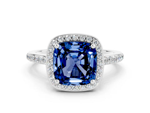 White gold Cushion Cut Halo Round Diamond Pavé Band with Four-Prong Setting