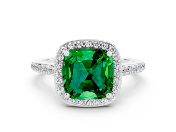 White gold Cushion Cut Emerald Halo Engagement Ring with Round Pavé Shoulders and Prong Setting