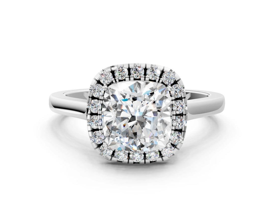 White gold Cushion Cut Halo Round Diamond Solitaire Ring with Pavé Band and Four-Prong Setting