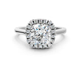 White gold Cushion Cut Halo Round Diamond Solitaire Ring with Pavé Band and Four-Prong Setting