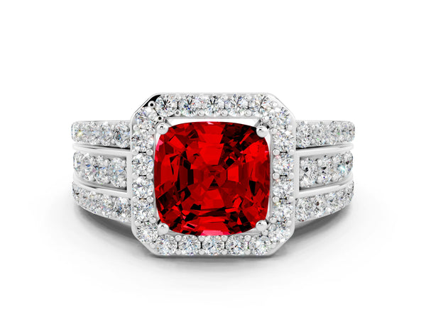 Platinum Cushion Cut Halo Ruby Ring with Round  Split Shank and Prong Setting