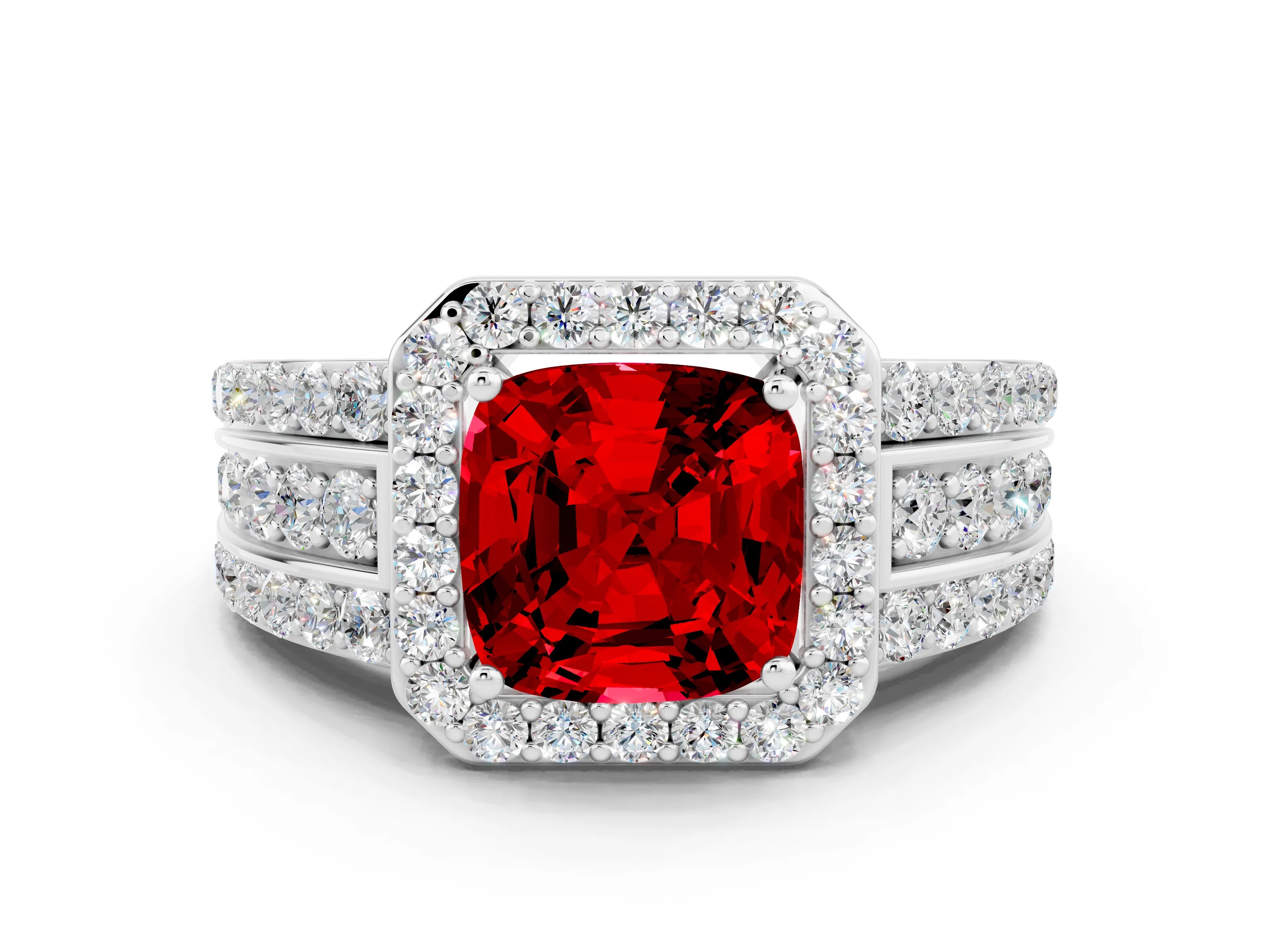 White gold Cushion Cut Halo Ruby Ring with Split Shank and Four-Prong Setting