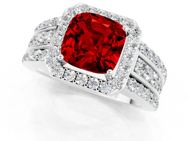 White gold Cushion Cut Halo Ruby Ring with Round  Split Shank and Prong Setting