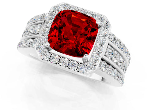 White gold Cushion Cut Halo Ruby Ring with Split Shank and Four-Prong Setting_1