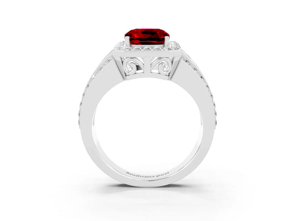 Silver Cushion Cut Halo Ruby Ring with Round  Split Shank and Prong Setting