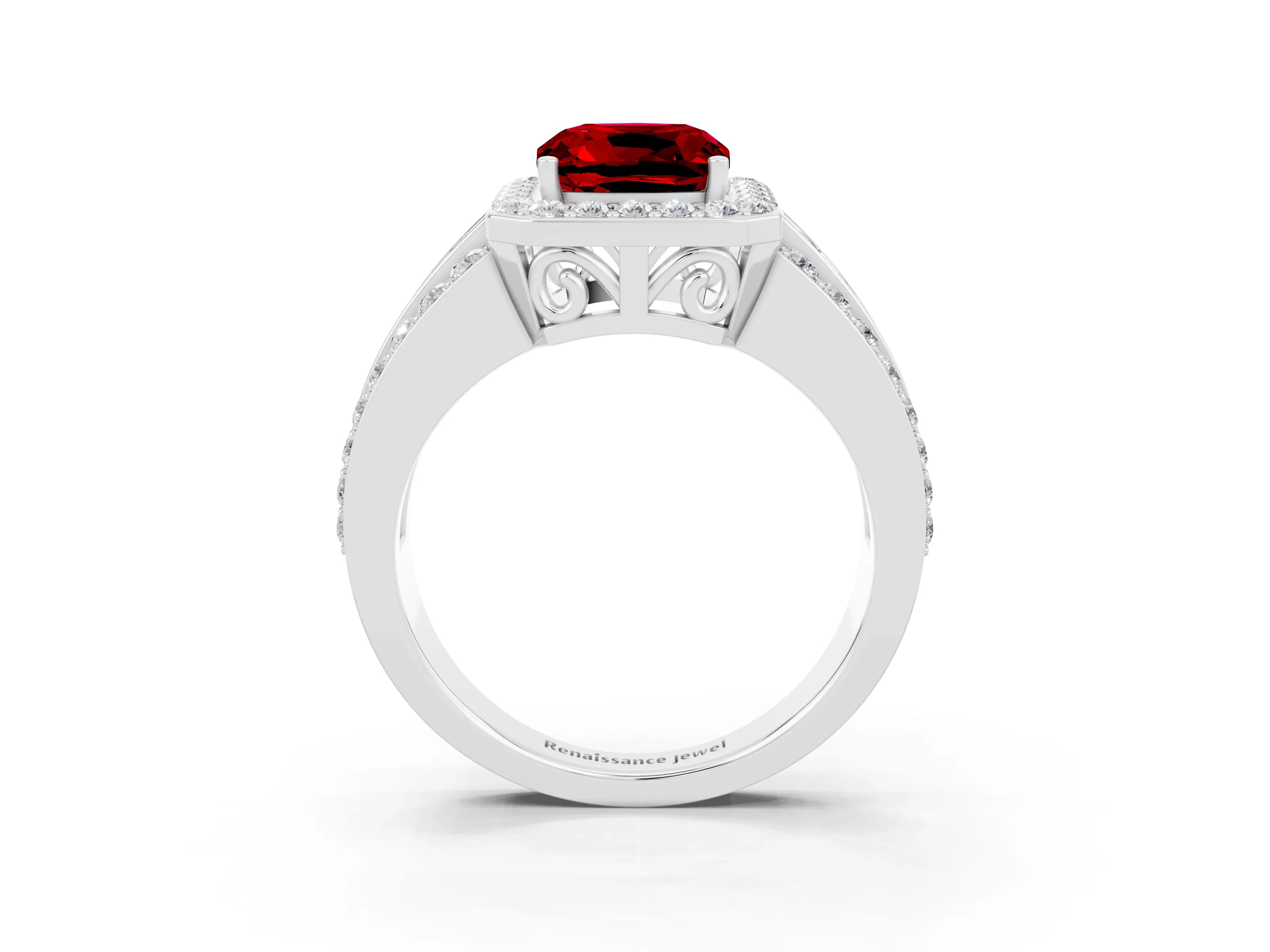 White gold Cushion Cut Halo Ruby Ring with Split Shank and Four-Prong Setting_3