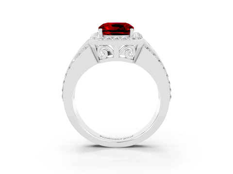 White gold Cushion Cut Halo Ruby Ring with Split Shank and Four-Prong Setting_3